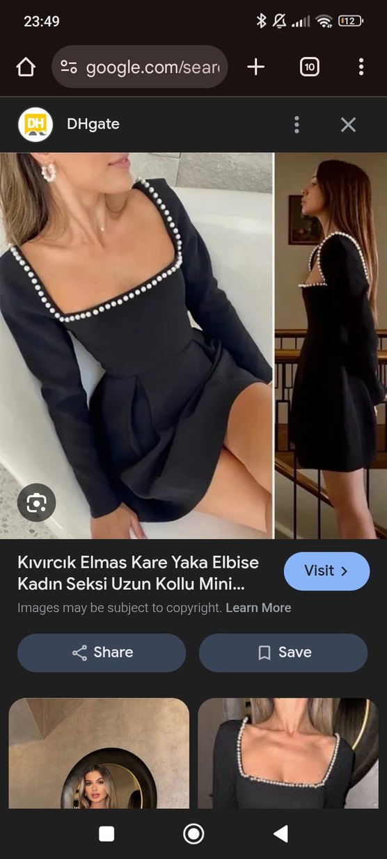 Kare Yaka Boncuklu incili trend Siyah Midi Elbise - Görsel 3