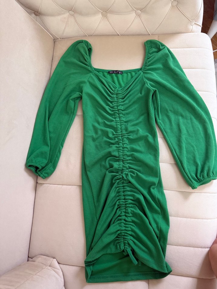 Yeşil Drapeli Uzun Kadın Elbise - Görsel 4