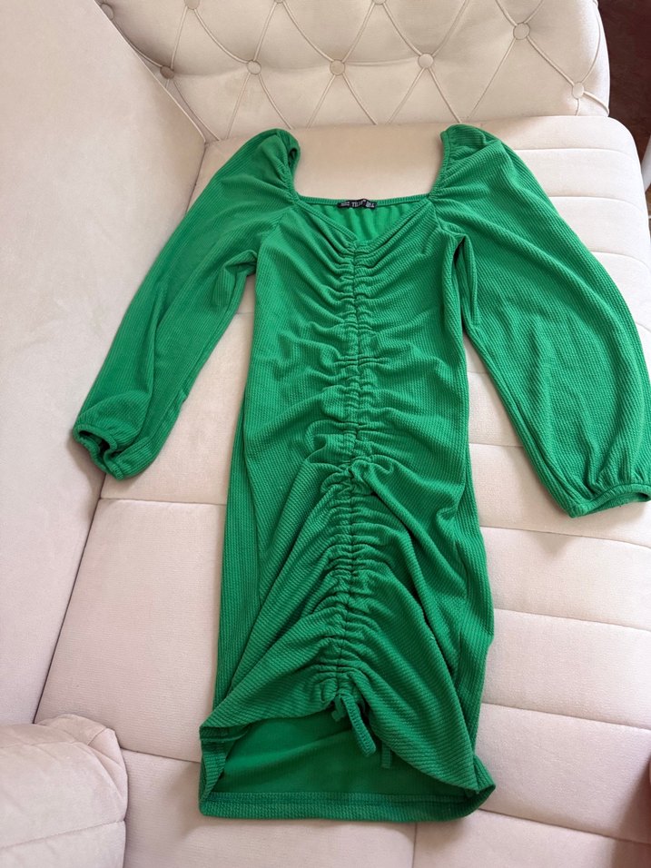 Yeşil Drapeli Uzun Kadın Elbise - Görsel 3