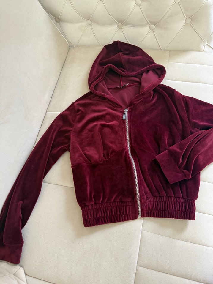 Bordo Kapüşonlu Fermuarlı mont - Görsel 3