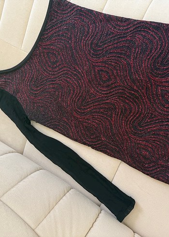 Bordo Desenli Tek Kollu Straplez bluz - Görsel 2