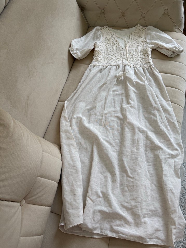 Dantel Detaylı Bohem Uzun Keten Elbise - Görsel 2