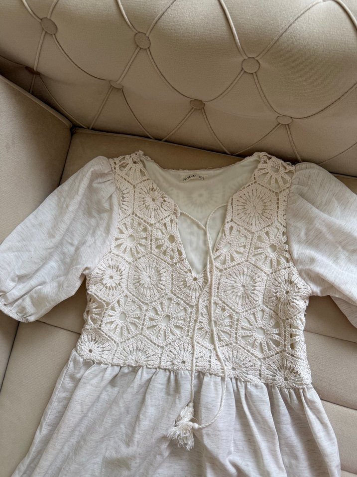 Dantel Detaylı Bohem Uzun Keten Elbise - Görsel 3