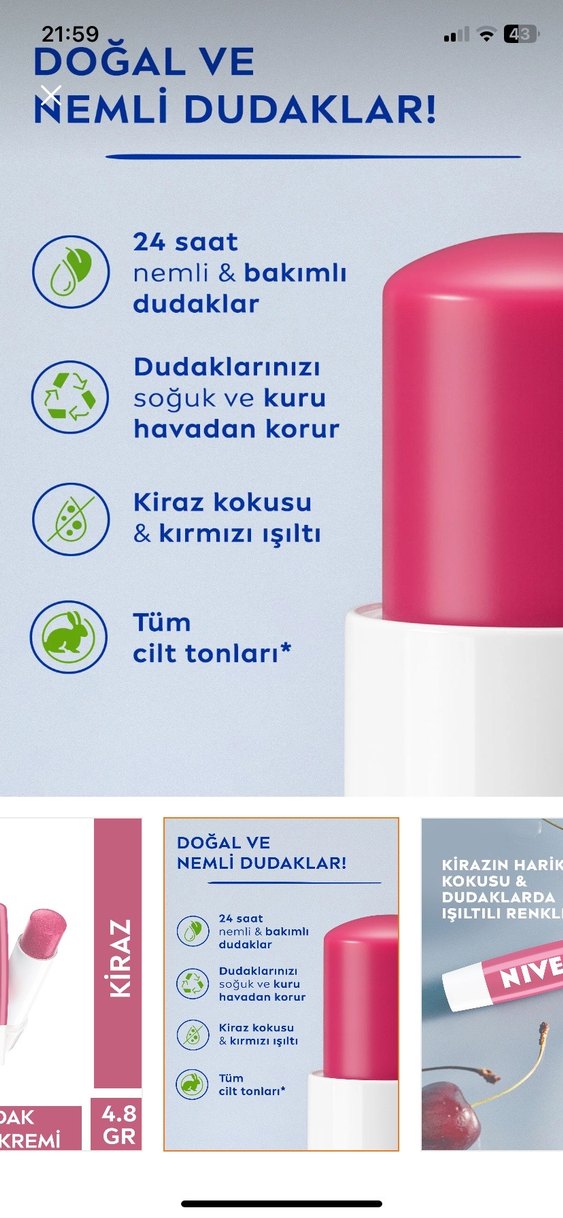 Nivea Cherry kiraz Dudak Balmı 24 Saat Nem - Görsel 5