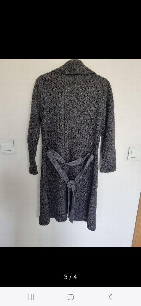 Düğmeli Uzun Gri Triko Kadın Hırka - Görsel 3