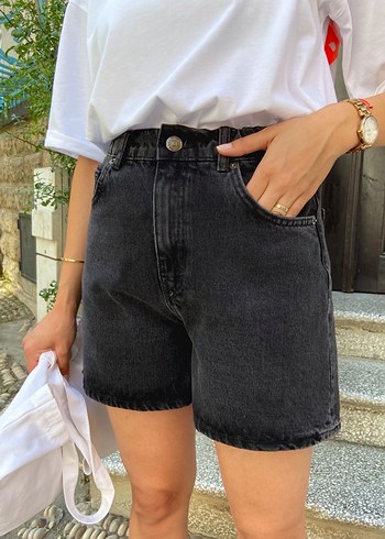 Kadın Gri Salaş Mini Denim Şort - Görsel 4