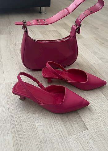 Pembe Deri Stiletto ve Çanta Seti