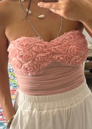 Zara Pembe Straplez Fırfırlı Midi Büstiyer