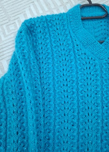 Mavi Kadın el örgüsü Kazak - Görsel 2