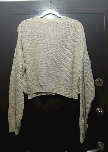 Bej V Yaka Örgü Kadın Hırka - Görsel 4