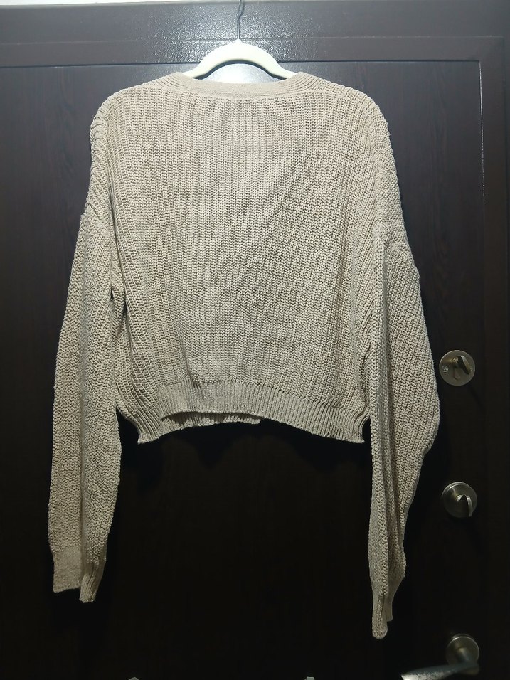 Bej V Yaka Örgü Kadın Hırka - Görsel 4