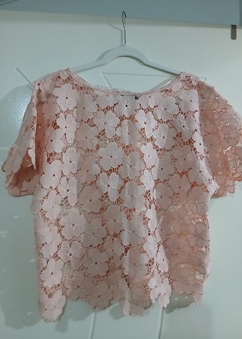 Dantel Detaylı Kısa Kollu pudra pembe Bluz - Görsel 6
