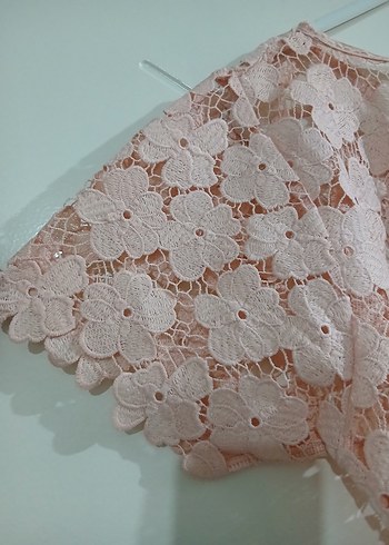 Dantel Detaylı Kısa Kollu pudra pembe Bluz - Görsel 5