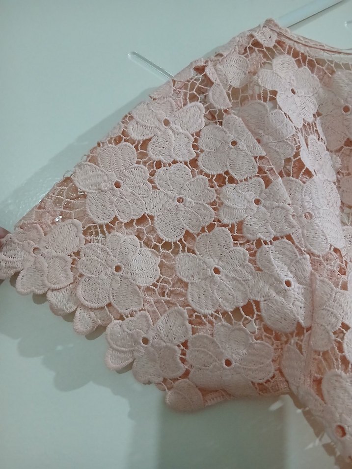 Dantel Detaylı Kısa Kollu pudra pembe Bluz - Görsel 5