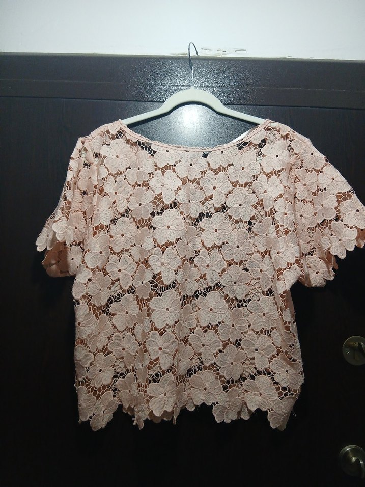 Dantel Detaylı Kısa Kollu pudra pembe Bluz - Görsel 2