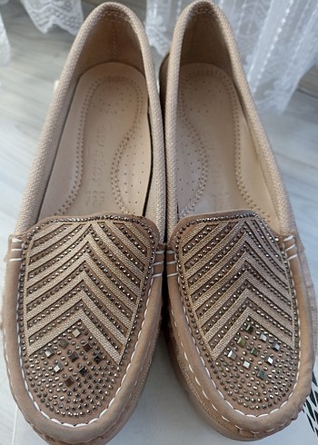 Bej Kadın Dolgu Topuklu Taşlı Babet - Görsel 4