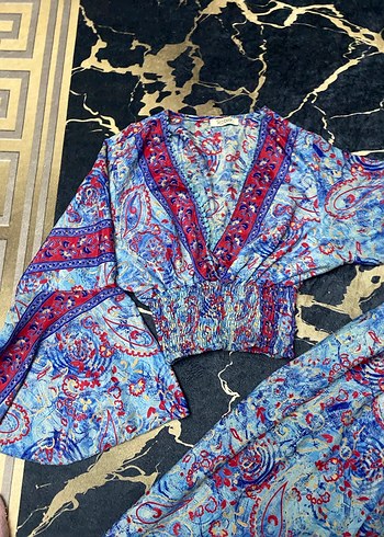 m Beden mavi Renk Uzun Mavi Bohem Bağlama Desenli ikili takım