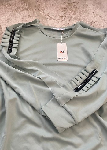 38 Beden turkuaz Renk Kolları boncuk detaylı sweatshirt
