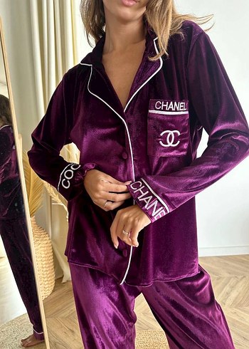 m Beden Kadın Mavi Nakışlı Uzun Kollu Rahat Pijama Takımı