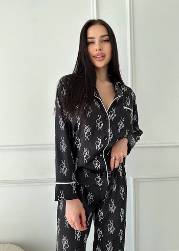 s Beden gri Renk Gri Desenli Kadın Saten Pijama Takımı