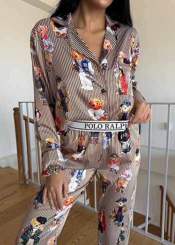 Saten Polo Ralph Desenli Kahverengi Kadın Pijama Takımı