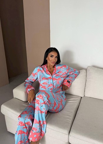 s Beden pembe Renk Pembe Bağlama Desenli Uzun Kollu Kadın Pijama