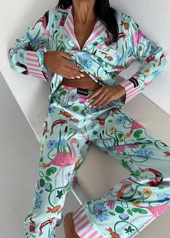 s Beden Pembe Bağlama Desenli Uzun Kollu Kadın Pijama