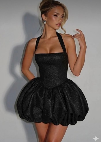 Parlak Siyah Mini Straplez Abiye Elbise - Görsel 2