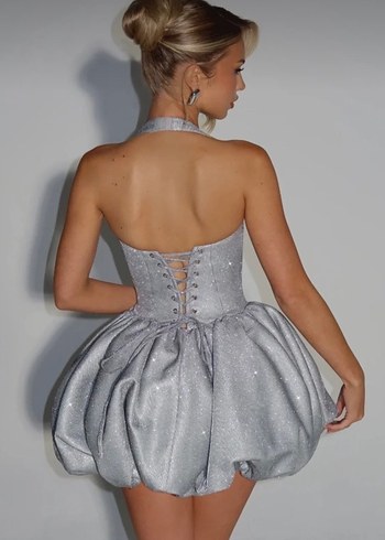 Simli Straplez Mini Gri Abiye Elbise - Görsel 4