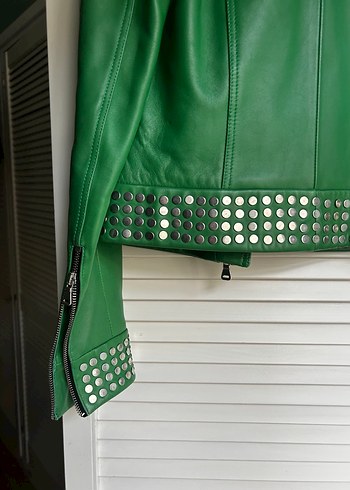 s Beden yeşil Renk Academia zımbalı, deri biker ceket