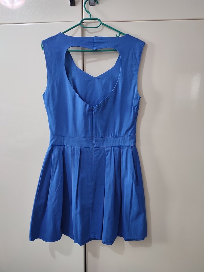 Mavi Saten Görünümlü Pilili Midi Elbise - Görsel 3