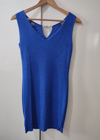 Sade V Yakalı Mavi Mini Elbise - Görsel 2