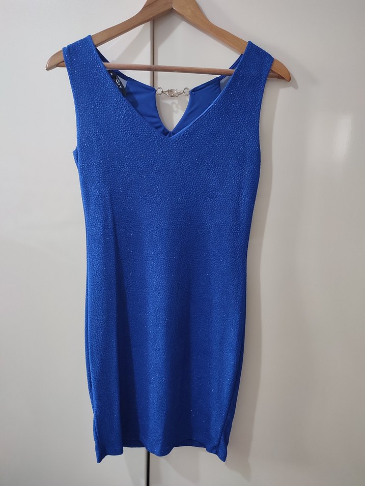 Sade V Yakalı Mavi Mini Elbise - Görsel 2