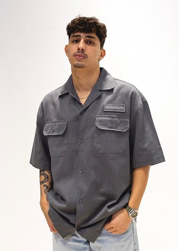 Gri Kısa Kollu Düğmeli Erkek kot Gömlek - Görsel 3