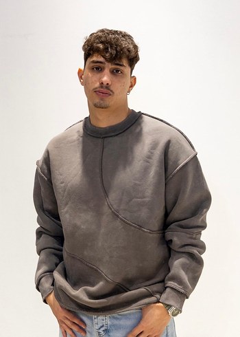 xl Beden Oversize soluk görünümlü şardonlu yıkamalı gri Sweatshirt