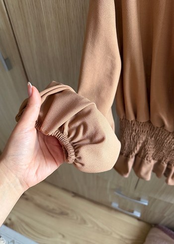 Bej V Yaka Drapeli Uzun Kollu Bluz - Görsel 3