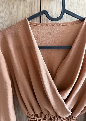 Bej V Yaka Drapeli Uzun Kollu Bluz - Görsel 2