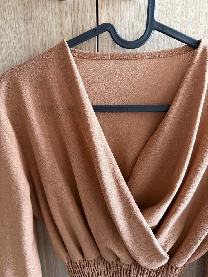 Bej V Yaka Drapeli Uzun Kollu Bluz - Görsel 2