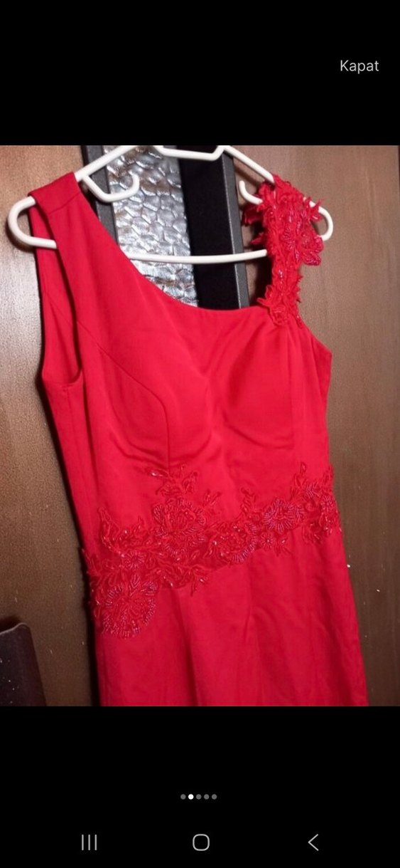 Kırmızı Nakışlı Uzun V Yaka Kadın Elbise - Görsel 5