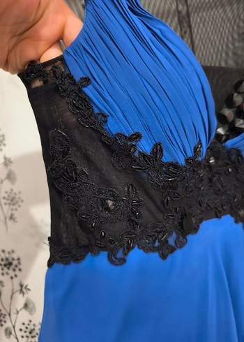 Lacivert İşlemeli Uzun Kadın Abiye Elbise - Görsel 3