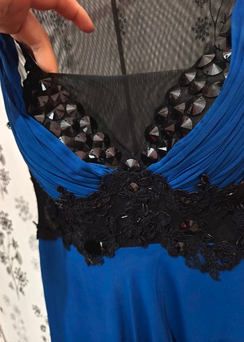 Lacivert İşlemeli Uzun Kadın Abiye Elbise - Görsel 4