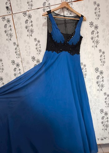 Lacivert İşlemeli Uzun Kadın Abiye Elbise - Görsel 2