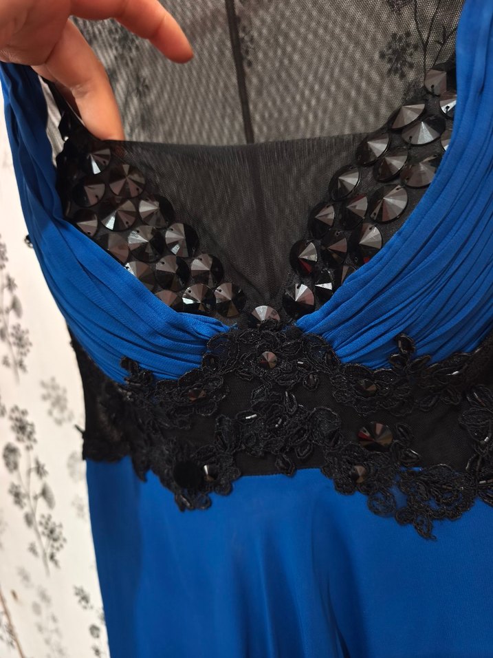 Lacivert İşlemeli Uzun Kadın Abiye Elbise - Görsel 4