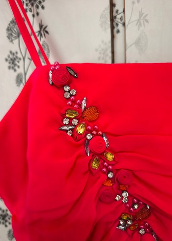 Pembe Drapeli İnce Askılı Uzun Abiye Elbise - Görsel 3