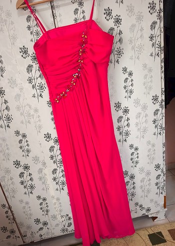 Pembe Drapeli İnce Askılı Uzun Abiye Elbise - Görsel 7