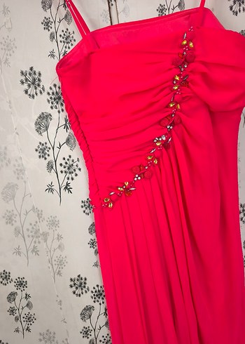 Pembe Drapeli İnce Askılı Uzun Abiye Elbise - Görsel 6