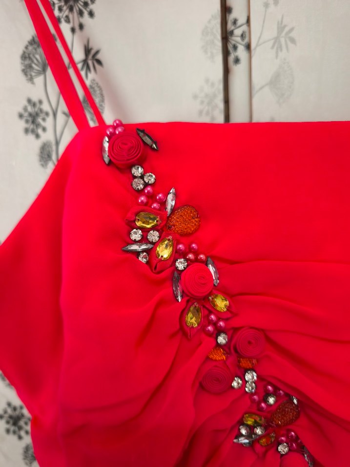 Pembe Drapeli İnce Askılı Uzun Abiye Elbise - Görsel 3