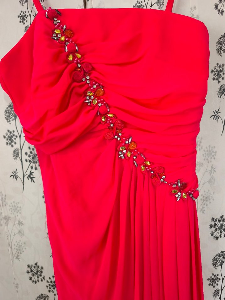 Pembe Drapeli İnce Askılı Uzun Abiye Elbise - Görsel 2