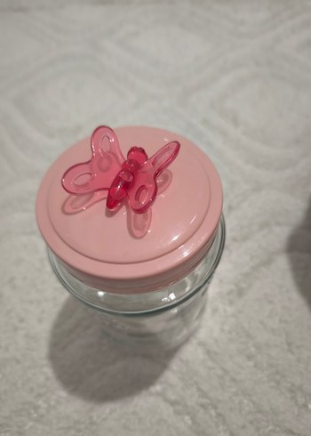 Pembe Kapakli Kelebek Desenli Cam Kavanoz - Görsel 2