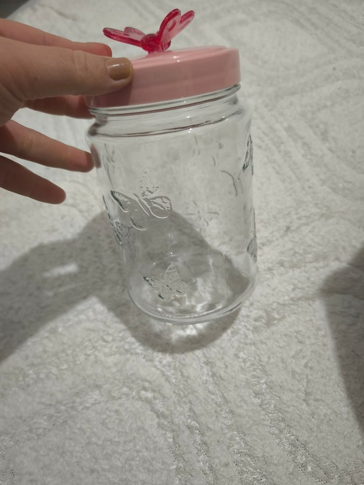 Pembe Kapakli Kelebek Desenli Cam Kavanoz - Görsel 3